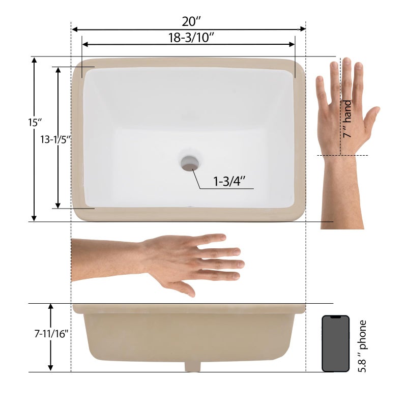 Mocoloo Undermount Bathroom Sink 20 x 15 Rectangle Porcelain White Ceramic Bathroom Sink 7 1/2 Inch Deep with Overflow Drain Lavatory Vanity Sink Under Mounted the Counter - Image 4